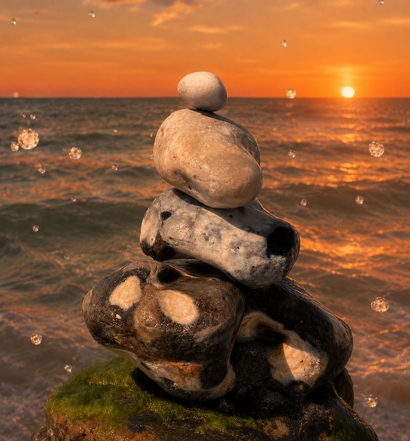 A is for Assess — balanced stones at sunset with water droplets