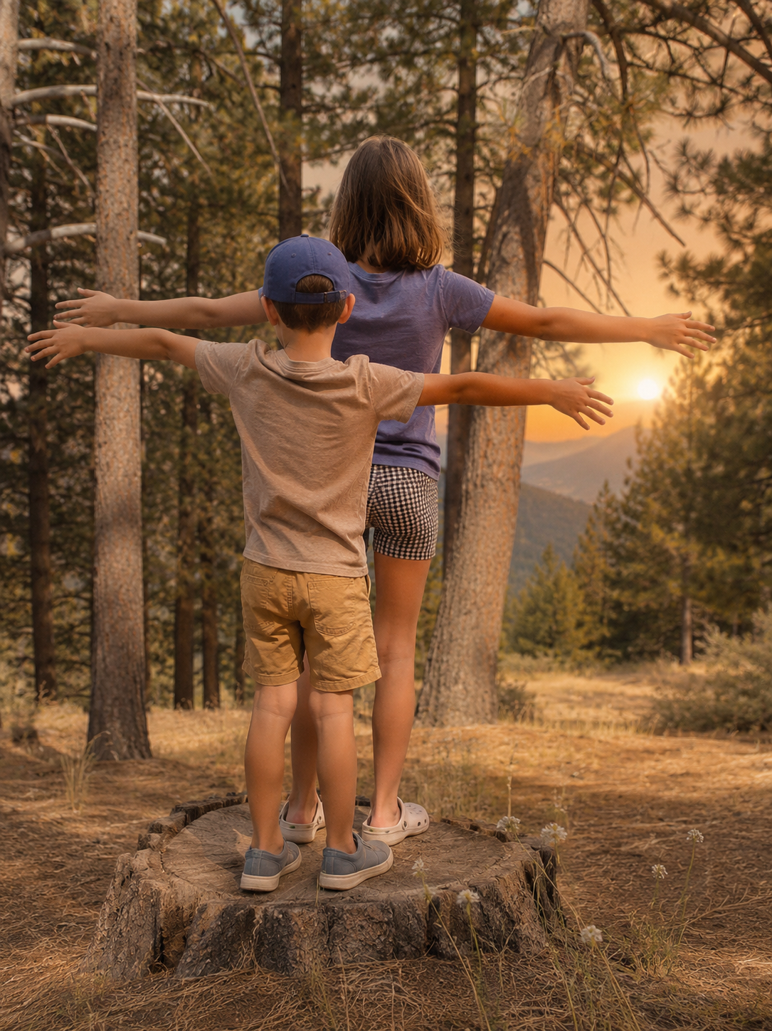 W is for Widen — children standing with arms wide open at sunset